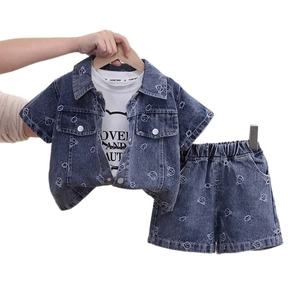 Three-piece denim set for girls featuring jacquard bear pattern and white T-shirt