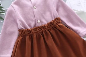 Detail of lavender knit bodice with white buttons and brown velvet pleated skirt