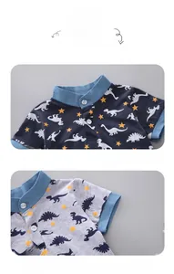 Detail of boys summer polo set featuring dinosaur prints and high-quality collar stitching