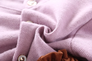 Close-up of light purple knit fabric featuring gold-rimmed buttons and brown plush trim