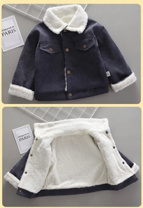 Detailed view of navy corduroy kids jacket with warm white fleece lining and button closure