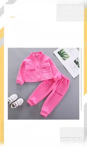 Pink girl's autumn tracksuit featuring a zip-up jacket with pockets and matching joggers