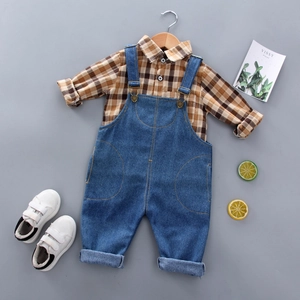 Korean Style Baby Toddler 2 Piece Clothing Set Long Sleeve Checked Shirt And Denim Suspender Pants Outfit For Boys Girls