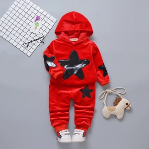 Toddler girls red velvet hooded tracksuit with black sequin star patches and joggers