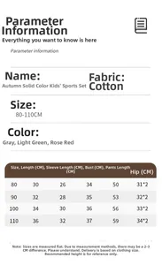 Detailed size chart for girls fall cotton tracksuit set including length and sleeve data