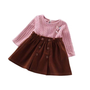 Toddler girl knit sweater and brown corduroy skirt set with floral pearl collar