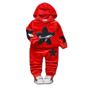 Kids red velvet hooded sweatsuit with black star patch pattern for active wear