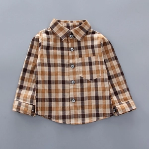 Kids long sleeve plaid shirt set with brown checkered pattern and button closure