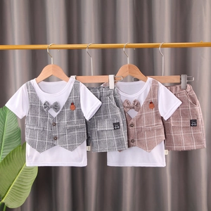Tenue d'Été à Carreaux pour Petits Garçons Haut Et Short en Coton Gentleman Faux Deux-Pièces Nœud Papillon Vêtements Manches Courtes Ensemble Formel Décontracté Enfant