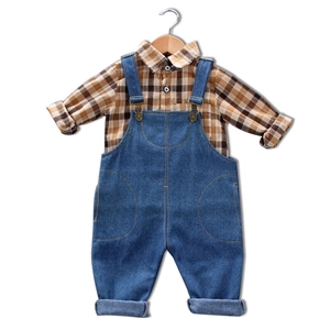 Kids spring outfit with brown plaid long sleeve shirt and blue denim overalls set