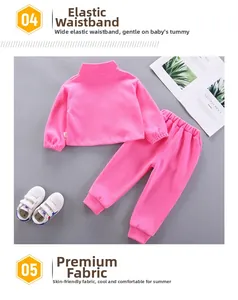 Detail of girls pink cotton tracksuit showing elastic waistband and ribbed cuffs