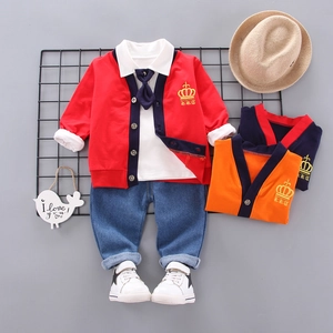 Boys 3 Piece Clothing Set Cotton Embroidered Knit Cardigan White Shirt Denim Pants For Spring Autumn Casual Outfit