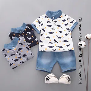 Boys Summer Short Sleeve Polo Shirt And Shorts Set Dinosaur Star Print Cotton Casual Kids Outfit For Daily Outdoor Wear