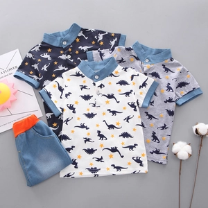 Three-piece boys' summer polo shirts with dinosaur prints and denim shorts with orange waist