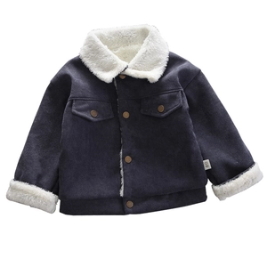 Kids navy corduroy jacket with thick white fleece lining and front button closure