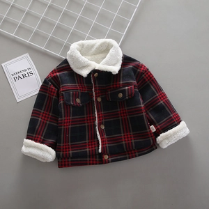 Thick red plaid kids jacket with cozy faux fleece collar and warm inner lining