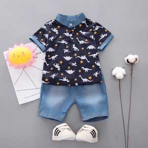 Boys casual short sleeve polo shirt and dinosaur print shorts set in navy blue and light denim