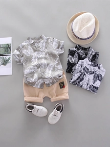 Boys Tropical Leaf Print Short Sleeve Stand Collar Shirt And Shorts Set Summer Casual Lightweight Fashion Outfit For Kids