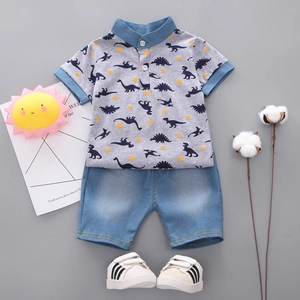 Toddler boys summer outfit with dinosaur print polo shirt and blue denim shorts set