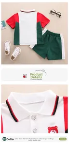 Close-up of the polo collar with striped ribbing and red bear embroidery on kids' set