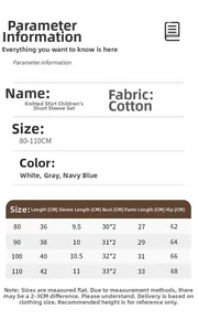 Size chart for boys short sleeve knit shirt and shorts set with detailed measurements