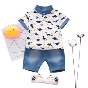 Kids dinosaur print polo shirt and denim shorts summer outfit set with white shoes