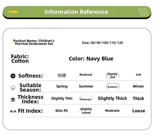 Detailed size chart for kids navy cotton thermal underwear set with fabric specs