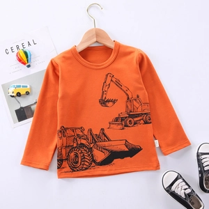 T-Shirt à Manches Longues pour Garçons Imprimé Excavatrice Dessin Animé Col Rond Mélange de Coton Style Western