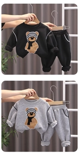 Detail of cartoon bear patch on toddler sweatshirt with herringbone fabric texture