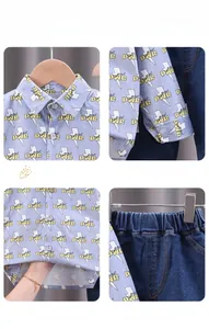Detail shots of kid's shirt collar, cuffs, and elastic waistband on denim pants