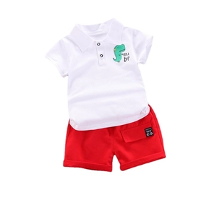 Kinder Polo-Set aus Baumwolle mit Dinosaurier-Print und roten kurzen Hosen