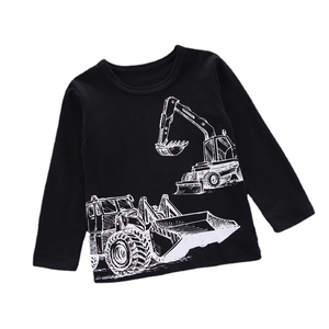 T-shirt manches longues garçon noir en coton avec imprimé pelleteuse et bulldozer