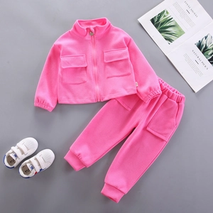 Girls Casual Cotton Long Sleeve Sportswear Set Korean Style Solid Color Zip Up Jacket And Jogger Pants Set For Children