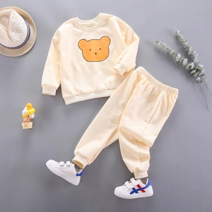 Boys cute cream bear print sweatshirt and sweatpants set for spring casual wear