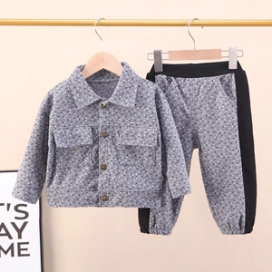 Boys Fashion Plaid Jacket And Pants Two Piece Set Casual Polyester Autumn Winter Kids Outfits Grey Dark Brown Clothing Set