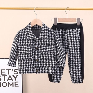 Ensemble de Vêtements 2 Pièces Pied-de-Poule pour Garçons Mélange de Coton Veste à Revers Épaissie Et Pantalon Tenue d'Hiver