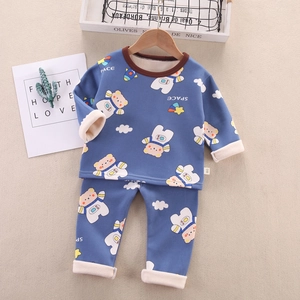 Kids Warm Thermal Underwear Set Astronaut Bear Print Plus Velvet Thickened Long Sleeve Top And Pants Set For Winter