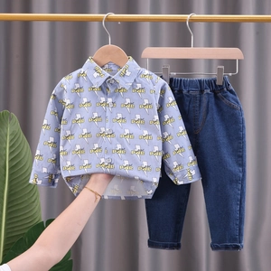 Toddler Boys Korean Style Acetate Cotton Top And Pants Casual Printed Lightning Long Sleeve Shirt And Denim Trousers