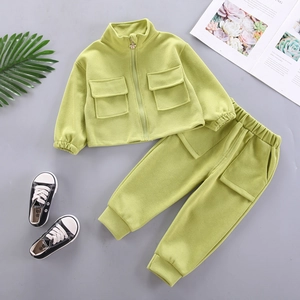 Girls casual long sleeve zip jacket and matching cargo pants set in bright bean green