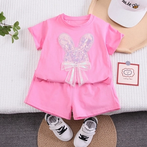 Ensemble d'été fille t-shirt rose à manches courtes et short en résille lapin pailleté
