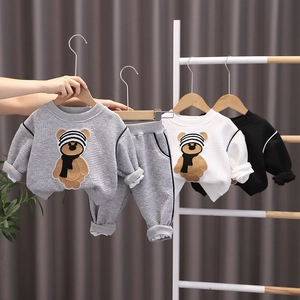 Kids Casual Cotton Waffle Knit Sweatshirt And Sweatpants Outfit Toddler Cartoon Bear Applique Long Sleeve Warm Clothes