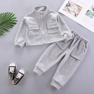 Girls grey casual long sleeve knit sports set with zip jacket and cargo trousers