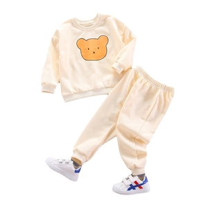 Kids bear print sweatshirt and joggers set in cream white soft cotton fabric
