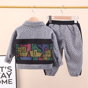 Kids grey plaid two-piece set with color-block jacket and matching trousers