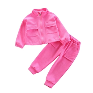 Girl's pink casual long-sleeve sports set featuring a zip-up jacket and matching pocket pants
