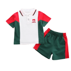 Kids color-block polo shirt and shorts set with red bear print and sporty stripes