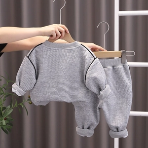 Kids casual gray knit sweatshirt and joggers set with textured waffle fabric