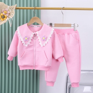 Toddler Girls Waffle Knit Outfit Long Sleeve Lace Collar Zipper Jacket Elastic Pants Cotton Casual Toddler Clothing