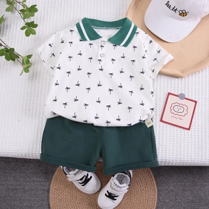 Cotton Boys Summer Polo Shirt And Shorts Palm Tree Print Short Sleeve Toddler Clothing Set For Vacation Beach