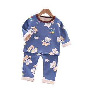 Kids thermal sleepwear set in navy blue with fleece lining and astronaut bear print